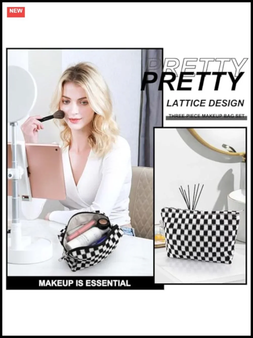 3-Piece Checkered Makeup Bag Set Large Capacity Travel Cosmetic Organizer Pouch